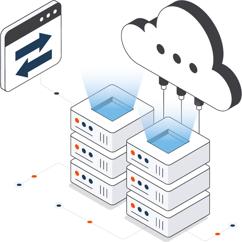 Isometrische illustratie van servers, cloudopslag en databeheer voor IT-infrastructuur