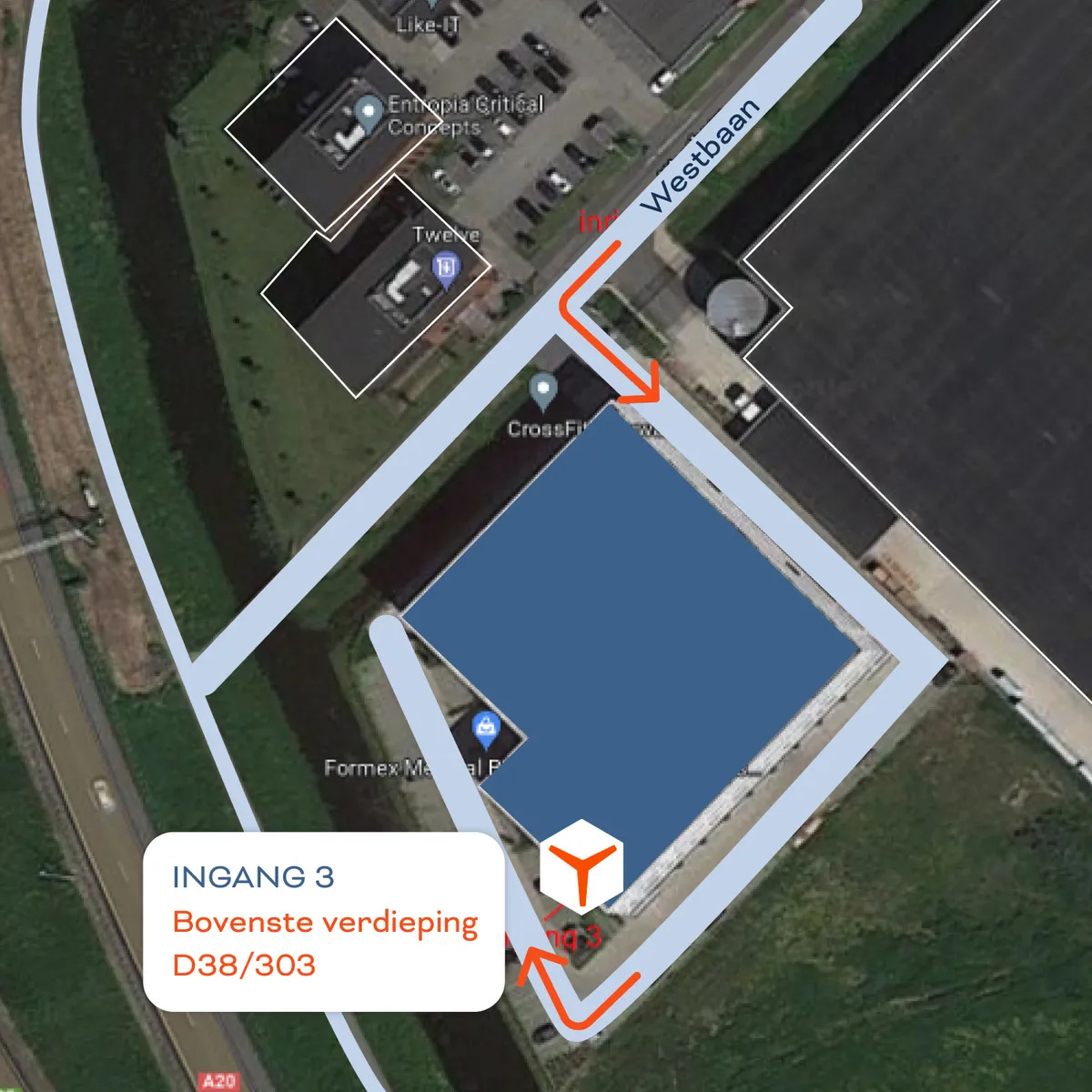 Routebeschrijving Twyzer kantoor Satellietkaart met route naar ingang 3 van het Twyzer-kantoor op de bovenste verdieping, D38/303